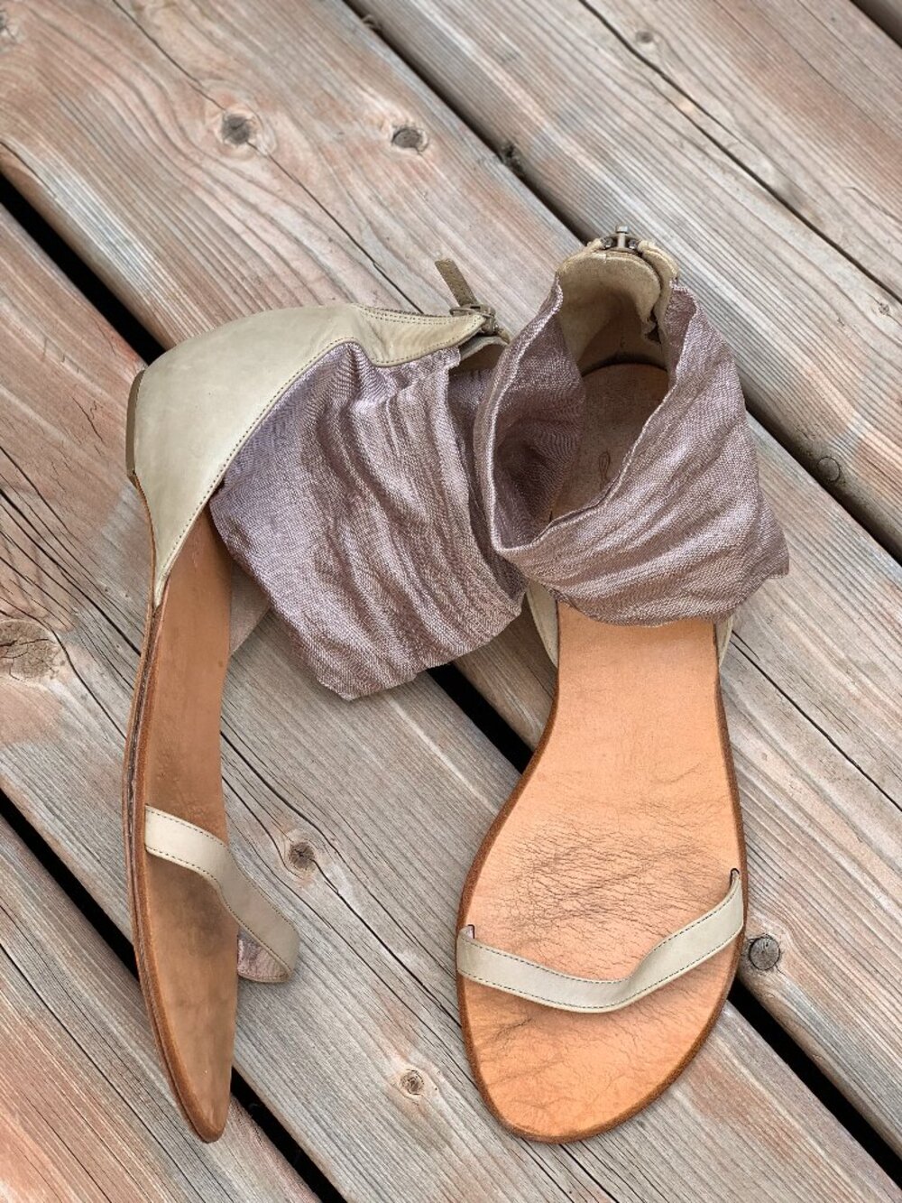Delman Flat Sandals 8.5 Tan Leather Fabric Ankle Strap Open Toe Retro Boho Chic